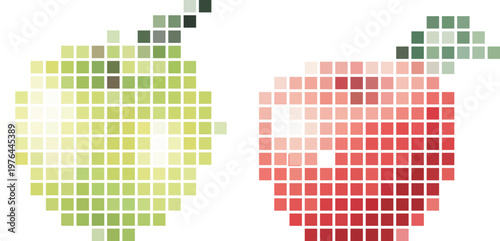 Green and red apple pixel art for digital design and graphics. Vector png collage isolated on transparent
