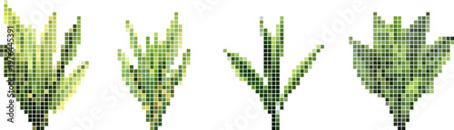 Green pixelated plants, artistic geometric foliage, digital retro botanical design. Vector png collage isolated on transparent