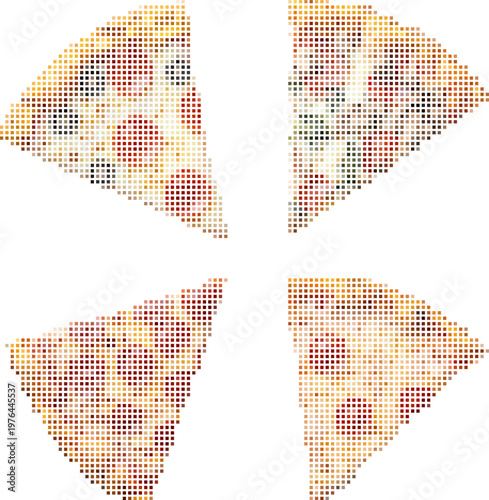 Pixelated pizza slices art, modern geometric digital design for creative projects. Vector png collage isolated on transparent