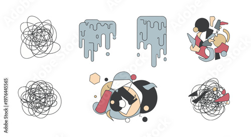 Cartoon character with scribbles and messy thoughts.