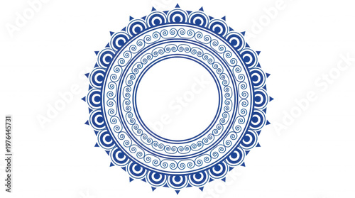 Elegant blue circular ornament with spirals and triangles on black background for decorative design projects
