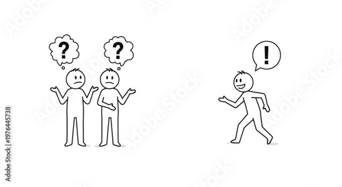 Stick figures discussing and questioning.