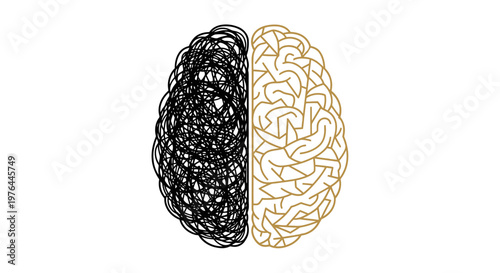 Illustration of human brain with contrasting black and orange sides.