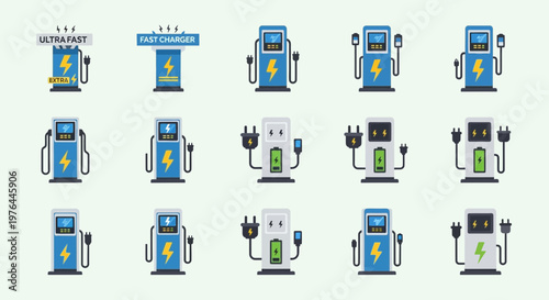 Electric Vehicle Charging Station Icons.