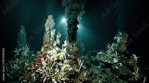 An underwater hydrothermal vent field on the ocean floor, black smoker chimneys releasing dark superheated mineral plumes that billow upward in slow organic columns, the