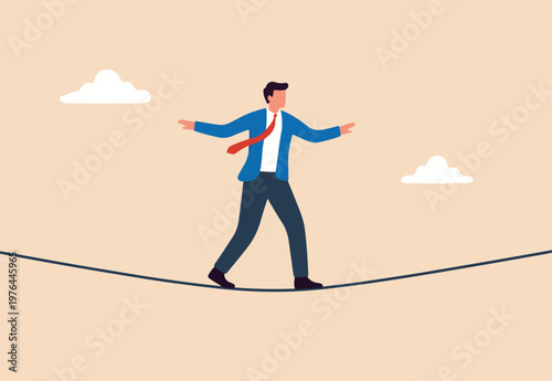 Business or investment risk protection, challenge, danger and difficulty to overcome to success in work and career concept, confident brave businessman ropewalker equilibrium walk on high tight rope