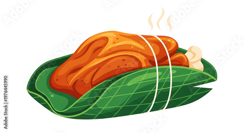 A vector graphic illustration of a roasted chicken wrapped in a green leaf
