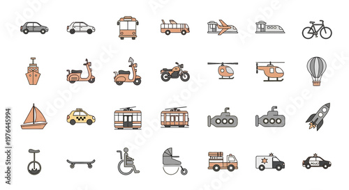 Various Transportation Vehicles Icons.