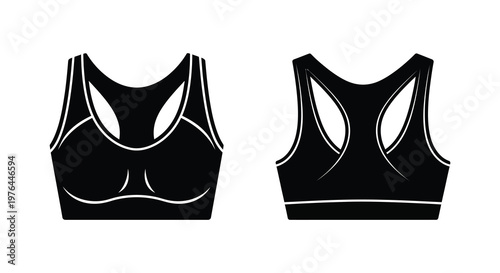 Two black sports bras displayed front and back a bold silhouette