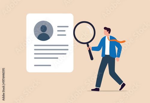 Candidate resume review by HR human resources hiring manager, employment or searching for talent and new staff concept, smart businessman hiring manager using magnifying glass tor review resume