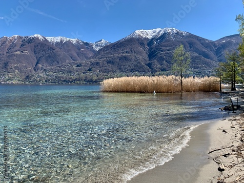 Fotografie Strand mit Sand in der Stadt Locarno beim Lido am Lago Maggiore, See - Landschaft im Kanton Tessin