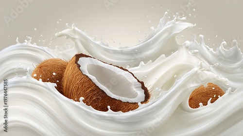 Two brown coconut halves floating in a large wave of white creamy milk on a light beige