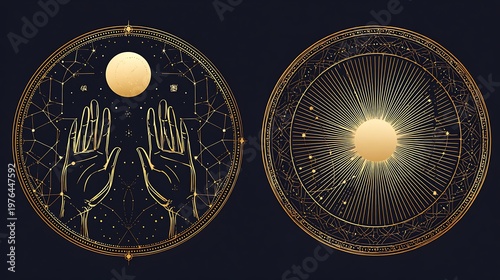Two circular golden emblems featuring celestial hands and a glowing sun on a dark navy