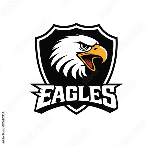 A fierce eagle head logo with an open beak is prominently displayed in a shield emblem design with the word EAGLES written below