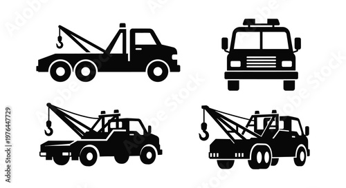 Black tow trucks and vehicles depicted in a flat design silhouette