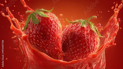 Two fresh red strawberries splashing in a vibrant red liquid against a deep red studio