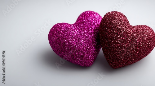 Two heart shapes with glittery surfaces in dark pink and deep red colors on white background