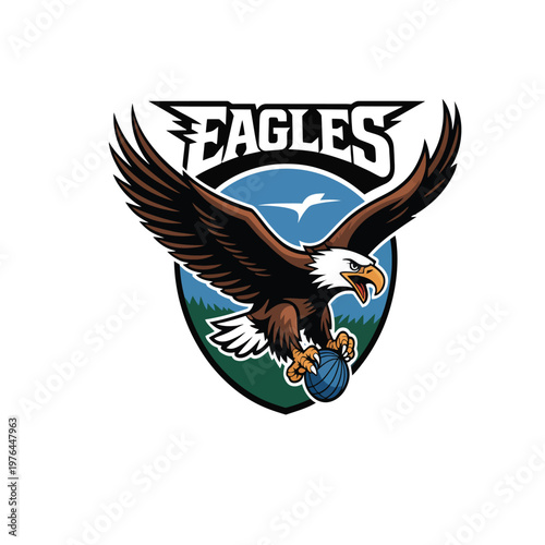 A dynamic eagle logo design with a mountainous backdrop showcasing strength and sportsmanship