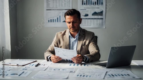 Financial expert analyzing growth strategies for quickservice restaurant chains main subject in clear focus while charts and papers softly out of focus.