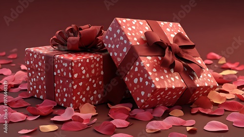 Two red gift boxes with heart patterns and ribbons resting on a bed of soft pink and red