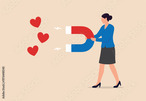 Social media marketing, SNS or social network service, influencer or online advertising, customer engagement to attract user like concept, woman online influencer using magnet to draw love symbols