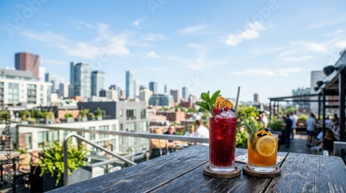 a bold graphic composition focusing on two colorful drinks set against a vibrant rooftop backdrop, featuring ample negative space for text overlay. the drinks, with jewel