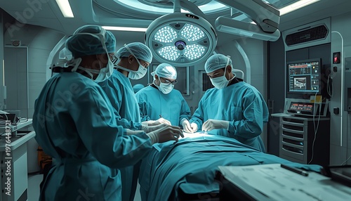 A team of surgeons in blue scrubs performing surgery in a modern operating room