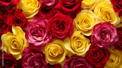 Vibrant bouquet of red and yellow roses filling the entire frame with lush petal texture