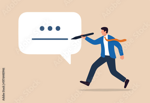 Written communication, writing email skill to success, communicate with text or message, understanding or effective handwriting manuscript concept, businessman writing message on speech bubble