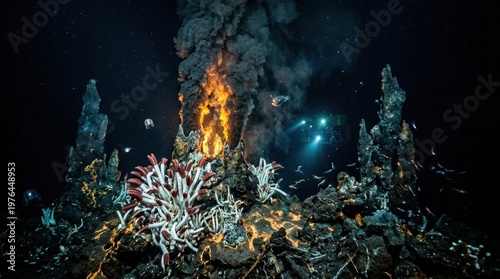A submarine hydrothermal vent field on the ocean floor, towering black smoker chimneys belching superheated mineral-rich water into the freezing abyss, ghostly white tube