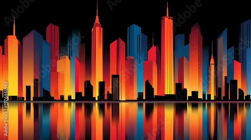 Vibrant city skyline silhouette with colorful buildings reflected in still water at night