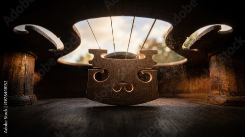 A macro photograph of a violin bridge and strings shot from below the instrument looking upward through the f-hole opening, the carved maple bridge filling the frame with
