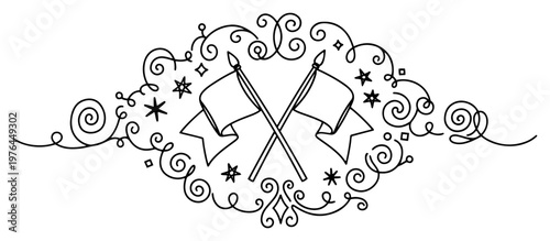 Ornamental emblem with crossed flags and decorative swirls in hand drawn style