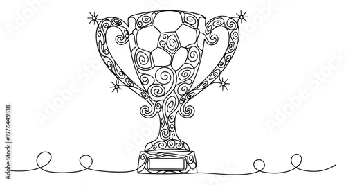Trophy cup winner award decorated with swirl patterns and soccer ball details