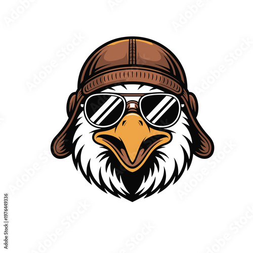 A stylized illustration of an eagle’s head wearing aviator sunglasses and a leather pilot helmet