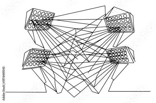 Modern line art illustration of stadium floodlights with beams of light shining across the field