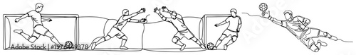 Continuous line drawing of soccer players sequence in action and goalkeeper diving