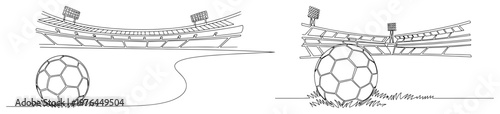 Continuous line drawing set of a soccer ball with a stadium and floodlights in the background