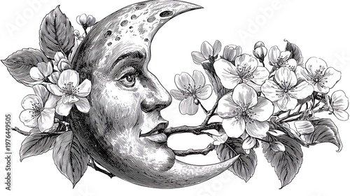 Vintage style of a crescent moon with a human face surrounded by apple blossoms and leaves