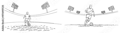 Continuous line drawing of a soccer player training on a stadium field under lights