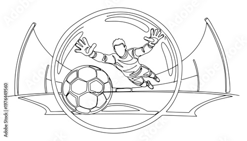 Goalkeeper diving for a soccer ball save within a circular stadium frame