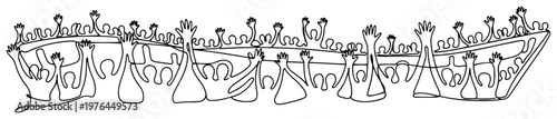 Long horizontal banner of a cheering crowd with raised hands in continuous line art