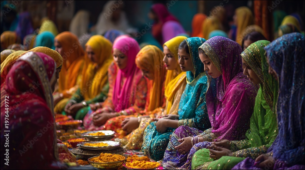 Obraz premium Devotional Gathering: Women in Colorful Sarees