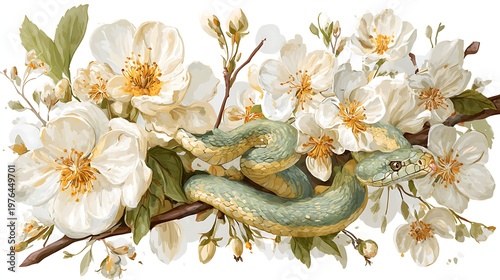 Watercolor painting of a green snake resting on a branch surrounded by white cherry blossoms