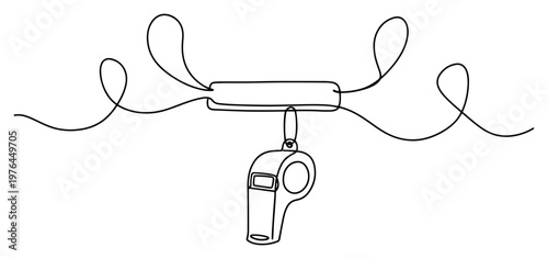 Minimalist continuous line drawing of a sports referee whistle on a lanyard