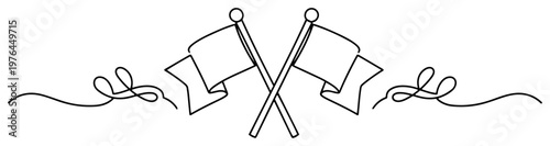 Two crossed flags on poles in a minimalist continuous line drawing style