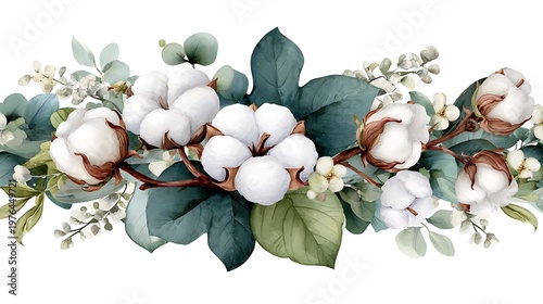 Watercolor of cotton bolls and deep green leaves arranged in a horizontal border branch