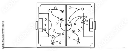 Football tactical board with arrows and game strategy diagram in simple line art style