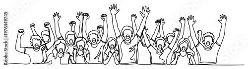 Cheering crowd of sports fans raising hands at the stadium in continuous line art style