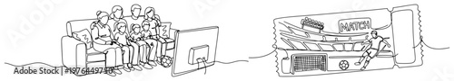 Family watching soccer match on television at home and sports ticket concept line drawing